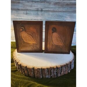 Vintage Wood & Copper Bookends Embossed Quail Bird Hunting Decor Set